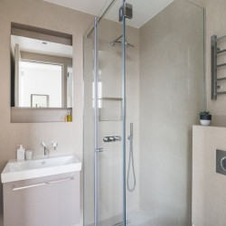 modern shower room with sink, mirror and toilet, Hampstead Apartments, Hampstead, London NW3
