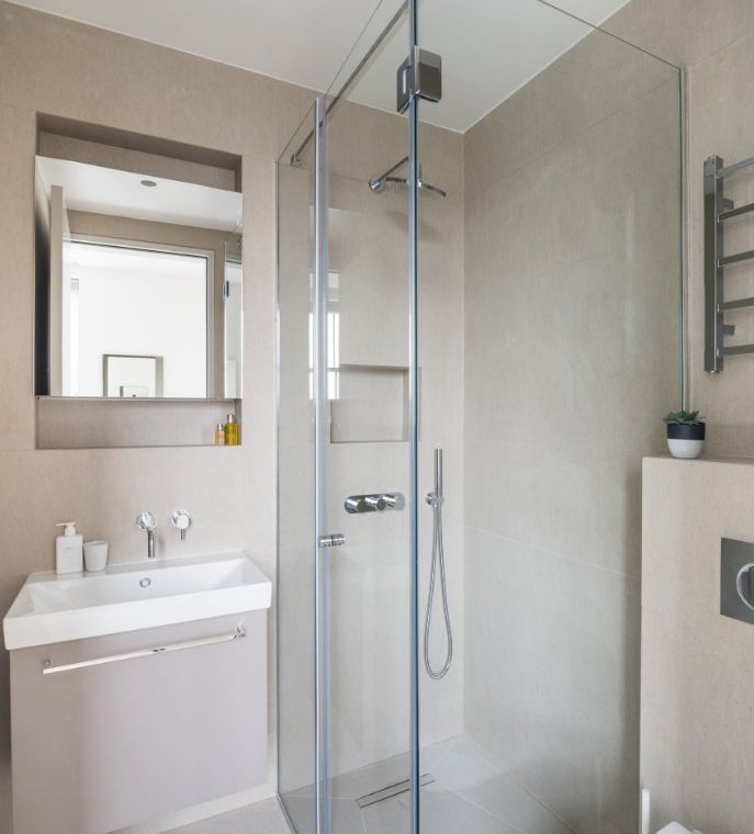 modern shower room with sink, mirror and toilet, Hampstead Apartments, Hampstead, London NW3