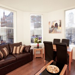 living room with leather sofa, dining table, Liverpool Street Apartments, City, London EC2