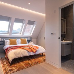 bedroom and view to bathroom, Hampstead Apartments, Hampstead, London NW3