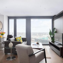 living area with chair, TV, sofa, dining table and city view, City Road Apartments, Hoxton, London EC1