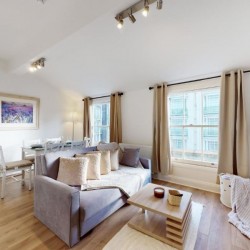 living area with coffee table, sofa and dining area, Baker Street Apartments, Marylebone, London NW1