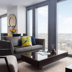 living room with chair, sofa, table, dining area and city view, City Road Apartments, Hoxton, London EC1