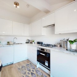 equipped kitchen with equipment and small plant, Baker Street Apartments, Marylebone, London NW1