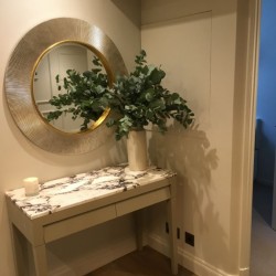 small table with green leaves and round mirror, Hyde Park Penthouse, Kensington, London SW7