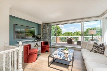 living room with 2 chairs, table, sofa and view to large balcony, Hyde Park Penthouse, Kensington, London SW7