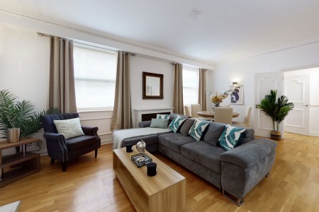 living area with table, large sofa, chair and dining area, Bond Street Apartments, Mayfair, London W1