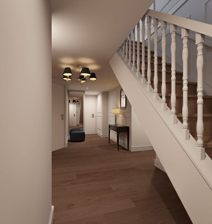 hallway and stairs to top floor, Hyde Park Penthouse, Kensington, London SW7