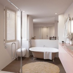 bathroom with shower, bathtub, bathrobe and sink, Hyde Park Penthouse, Kensington, London SW7