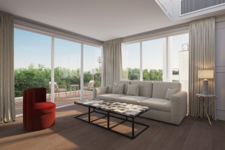 living room with red chair, table, sofa and view to Hyde Park, Hyde Park Penthouse, Kensington, London SW7