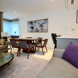living room with 2 sofas, table, dining area and part of kitchen, St Johns Apartments, St Johns Wood, London NW8
