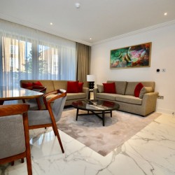 living room with dining area, 2 sofas, coffee table and work of art, St Johns Apartments, St Johns Wood, London NW8