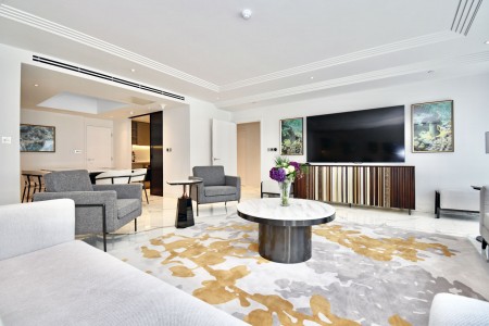luxury apartment, living room, with sofas, dining area and large smart TV, St Johns Apartments, St Johns Wood, London NW8
