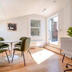 dining table, office desk and door to balcony, King Street Deluxe, Covent Garden, London WC2