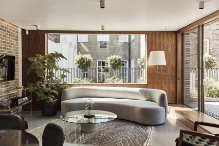 living room with sofa, glass table, view to courtyard with plants, 34 Marylebone Apartments, Marylebone, London W1
