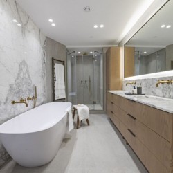 bathroom with bathtub, double sink and shower, Covent Garden Penthouse, Covent Garden, London WC2