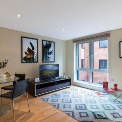 living room with dining area, TV and works of art, Sir John's Apartments, City, London EC4