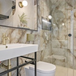bathroom with sink, toilet and shower, Mansion House Apartments, City, London EC4