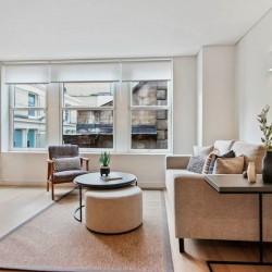 living room with sofa, table, chair and tv, Mansion House Apartments, City, London EC4