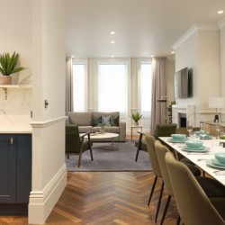 part of kitchen, dressed dining area and view to living room, Mayfair Deluxe Apartments, Mayfair, London W1