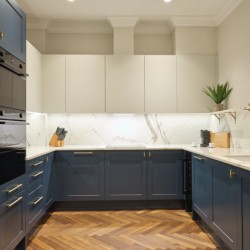 blue kitchen with lots of cupboard space, Mayfair Deluxe Apartments, Mayfair, London W1