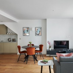 flat 1, living room with kitchen, dining area, tv, sofa and plant, The Mews Homes, Hammersmith, London W6