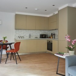 kitchen with dining table, chairs, table with flower,The Mews Homes, Hammersmith, London W6