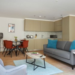 living room with chair, dining area, sofa, kitchen and coffee table, The Mews Homes, Hammersmith, London W6