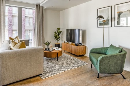 sofa, chair, TV, and dining area, Battersea Apartments, Wandsworth, London SW11