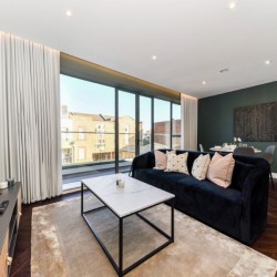 living room with TV, coffee table, sofa, dining area and large window, Southern Apartments, North Kensington, London W10