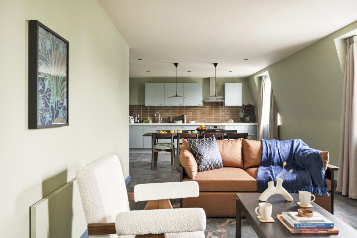 living room with chair, sofa, coffee table, dining table and kitchen, Cromwell Road Executive, Kensington, London SW5
