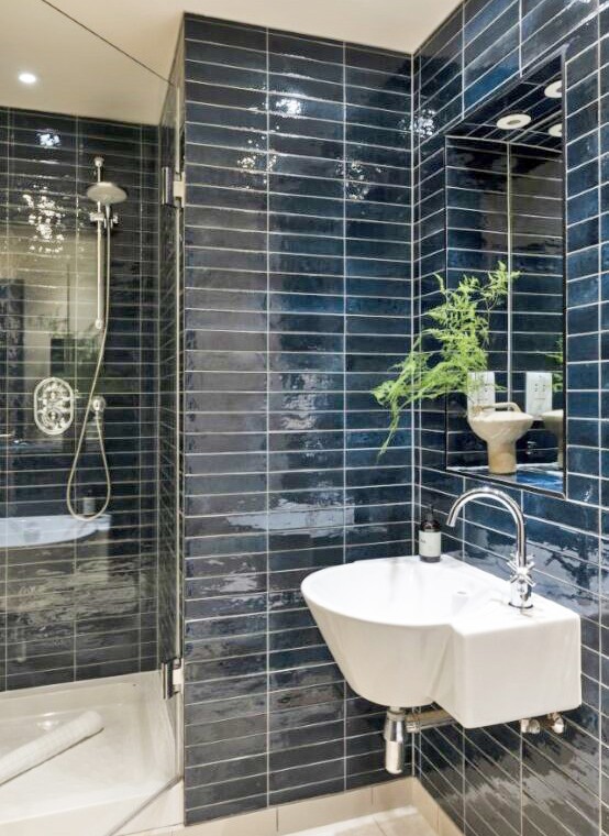 bathroom with shower cabinet, sink and plant,Cromwell Road Executive, Kensington, London SW5