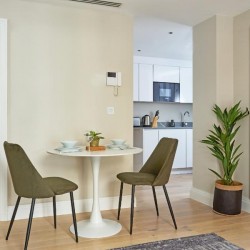 dining table, 2 chairs, plant, 2 doors and view to kitchen, 1 bedroom apartment