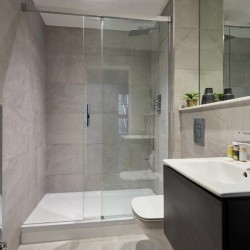 bathroom with shower, sink, toilet and mirror, 1 bedroom apartment