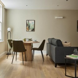 large plant, mirror, dining table with chairs, sofa and small table with books,Holborn Apartments, Holborn, London WC2