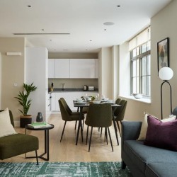 living area with sofa, chair, plant, dining table and kitchen, Holborn Apartments, Holborn, London WC2