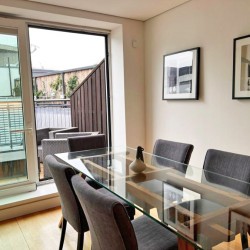 dining area with glass table, chairs and view to terrace with furniture, Marylebone Apartments, Marylebone, London W1U