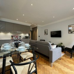 living area with dressed dining area, sofa, chair and kitchen, Barons Court Apartments, Hammersmith, London W6
