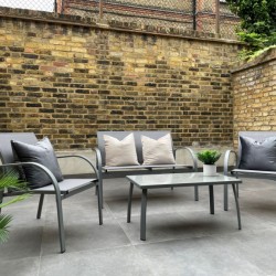 large outdoor terrace with table and chairs, Barons Court Apartments, Hammersmith, London W6