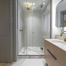 bathroom with shower, sink and mirror, view to bedroom, Covent Garden Deluxe, Covent Garden, London WC2