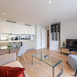 living area with sofa, glass table, dining are and kitchen, Southbank Apartments, Southwark, London SE1